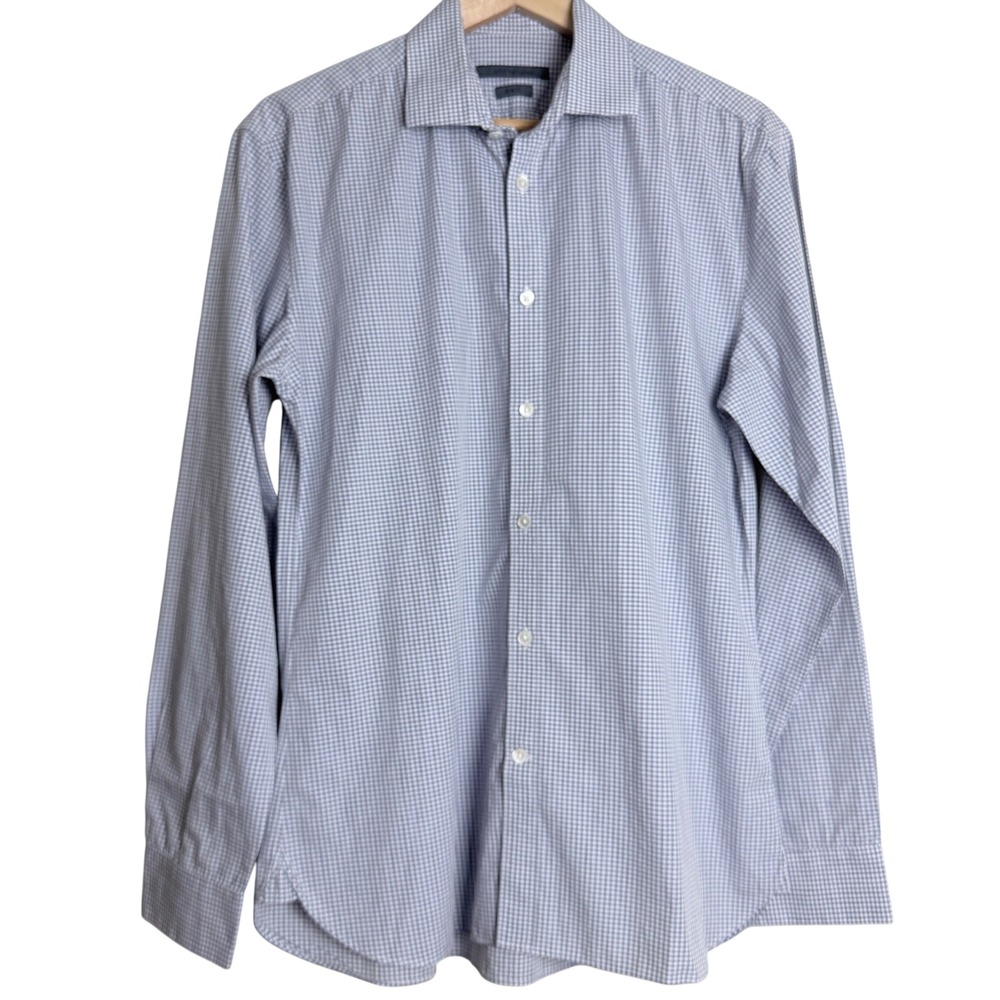 John Varvatos Button Down Shirt 15.5 M Blue Business Preppy Gingham Barrel Cuff